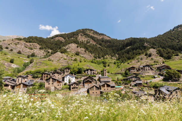 Village Pal in the Pyrenees in Andorra with the romanesque church stock photo