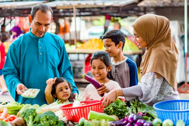 Photo of A family is buying vegetables at market.