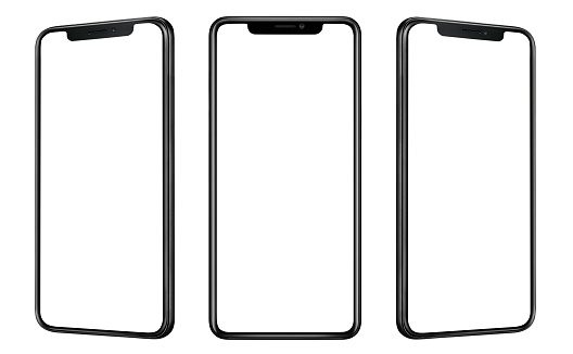 Front and side view of black smartphone with blank screen and modern frame less design isolated on white