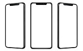 Front and side view of black smartphone with blank screen and modern frame less design isolated on white