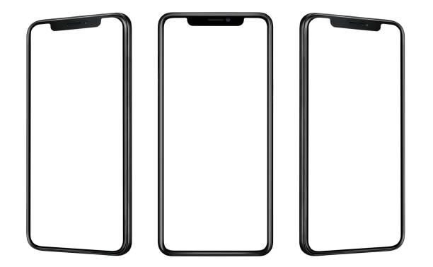 Front and side view of black smartphone with blank screen and modern frame less design isolated on white Front and side view of black smartphone with blank screen and modern frame less design isolated on white angle stock pictures, royalty-free photos & images