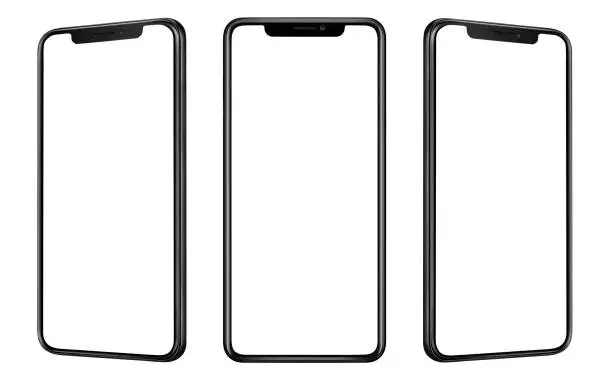 Photo of Front and side view of black smartphone with blank screen and modern frame less design isolated on white