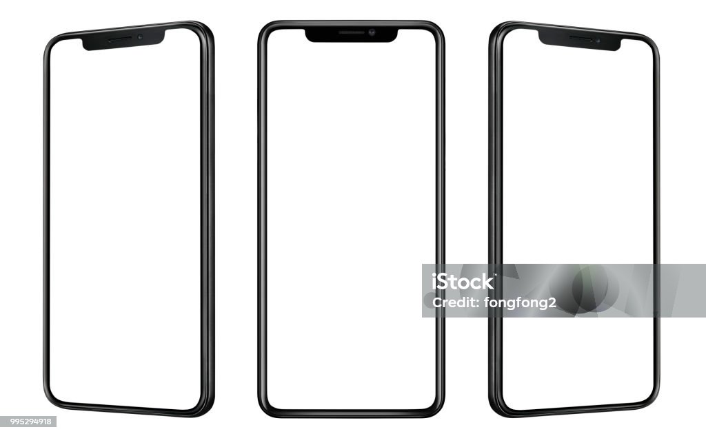 Front and side view of black smartphone with blank screen and modern frame less design isolated on white - Royalty-free Telefone Inteligente Foto de stock