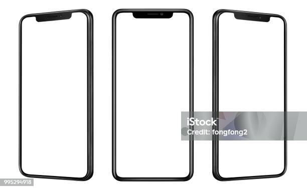 Front And Side View Of Black Smartphone With Blank Screen And Modern Frame Less Design Isolated On White - Fotografias de stock e mais imagens de Telefone Inteligente