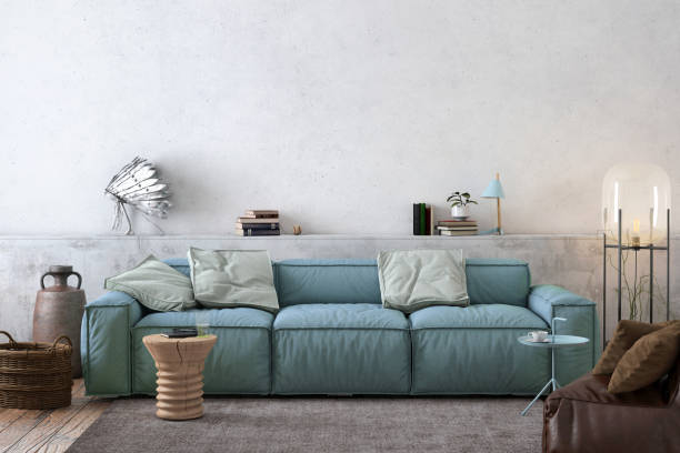 moderne nordische wohnzimmer interieur mit sofa und viele details - teppichboden couch stock-fotos und bilder