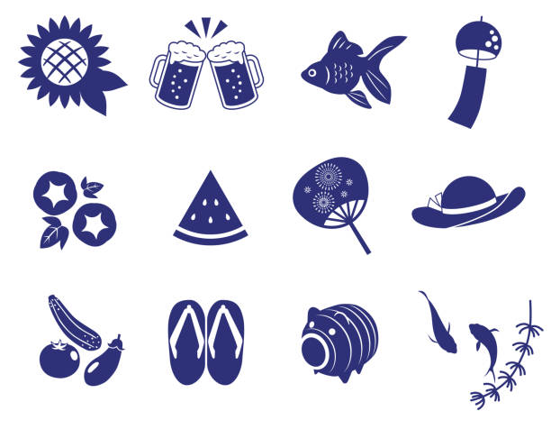 일본어 여름 아이콘 세트 - eggplant vegetable food white background stock illustrations