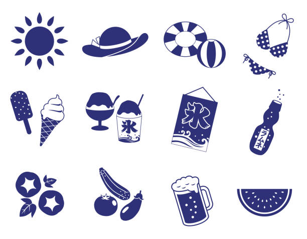 ilustrações, clipart, desenhos animados e ícones de conjunto de ícones de verão japonês - zucchini vegetable food food and drink