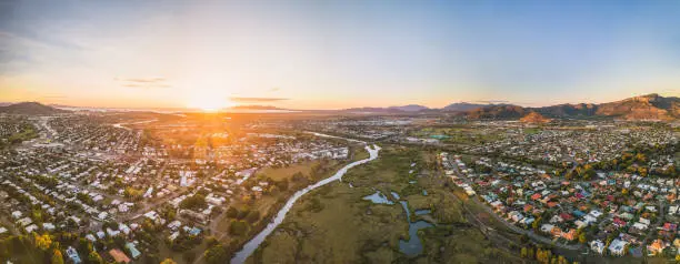 Aerial view over Townsville and the Ross River during the sunrise