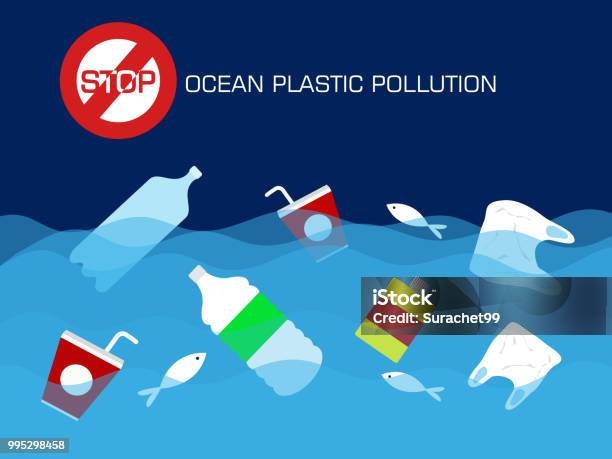 Stop Plastic Ocean Pollution Concept Stock Illustration - Download Image Now - Sea, Plastic, Pollution