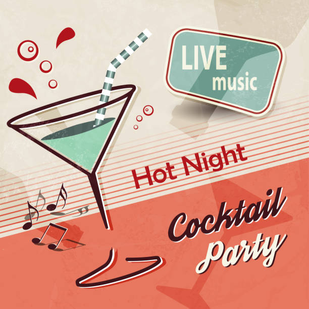Summer party invitation with cocktail and music notes in retro poster style Flyer template in vintage design martini royale stock illustrations