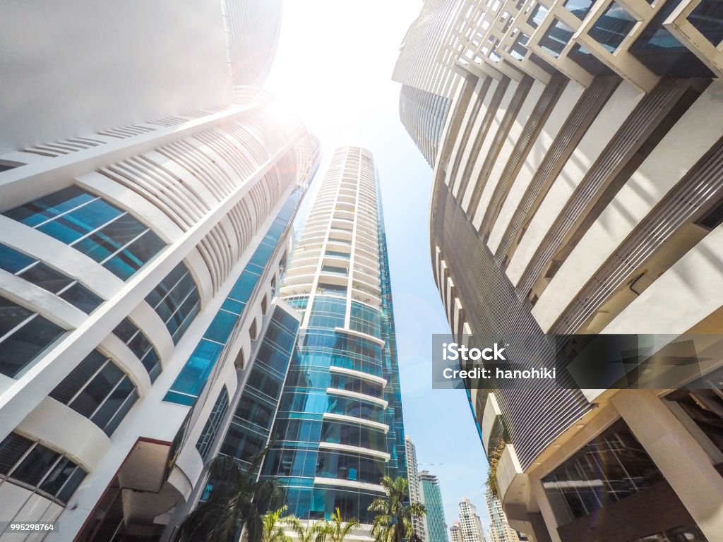 skyscraper buildings, looking up in downtown city Apartment Stock Photo