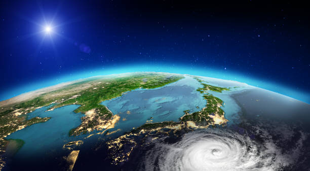 Japan tornado. 3d rendering Japan tornado. Elements of this image furnished by NASA. 3d rendering typhoon stock pictures, royalty-free photos & images