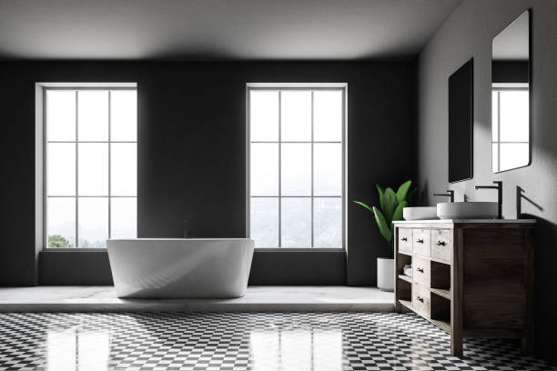 istock Loft gray luxury bathroom, white tub 995305664