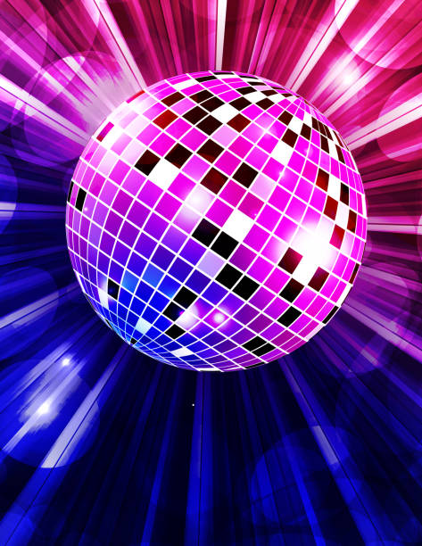 ilustraciones, imágenes clip art, dibujos animados e iconos de stock de fondo de vector de fiesta disco con rayos y bola de discoteca - disco ball mirror shiny lighting equipment