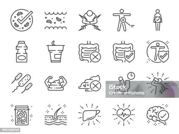Probiotics Set Included Icons As Intestinal Flora Intestinal Bacteria Healthy Yogurt Intestine And More Stock Illustration - Download Image Now