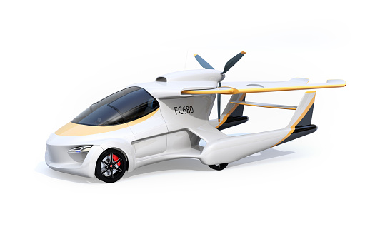 Futuristic autonomous car isolated on white background. The wings turned to rear side in compact size. Flying car concept. 3D rendering image.