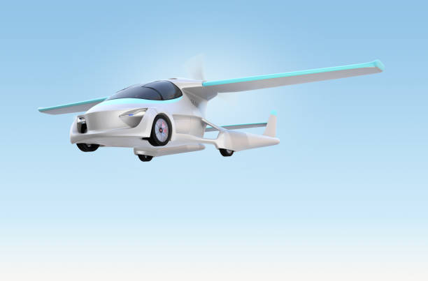 Futuristic autonomous car flying in the sky stock photo