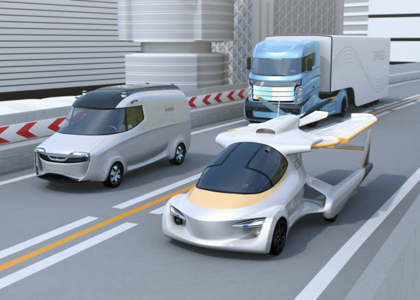 istock Futuristic flying car driving on the highway 995322474