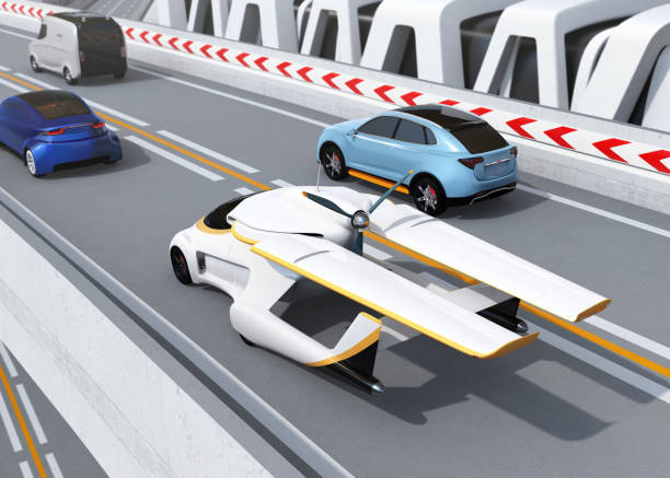 istock Futuristic flying car driving on the highway 995322492