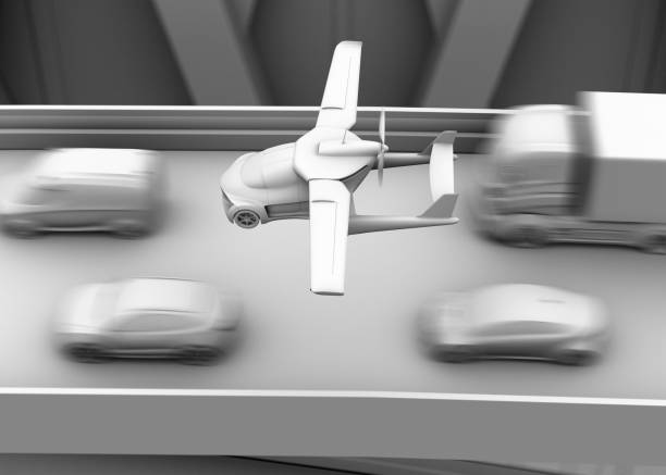 clay shading rendering of futuristic flying car flying over traffic jam in the highway - traffic jam traffic sports utility vehicle car imagens e fotografias de stock