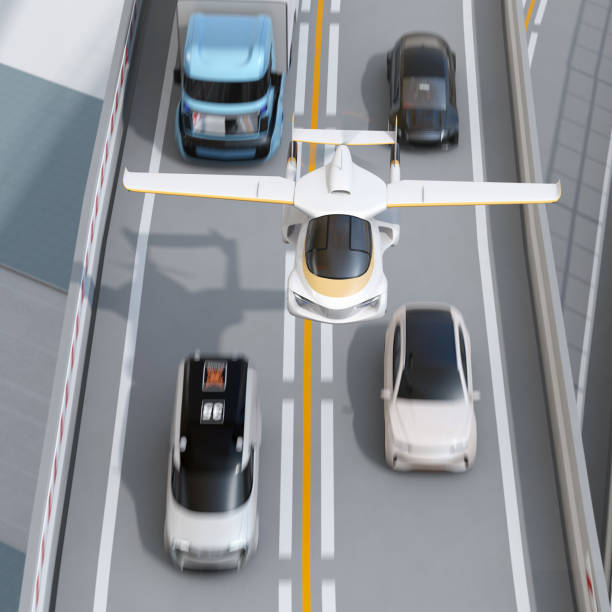 istock Futuristic flying car flying over the highway 995322532