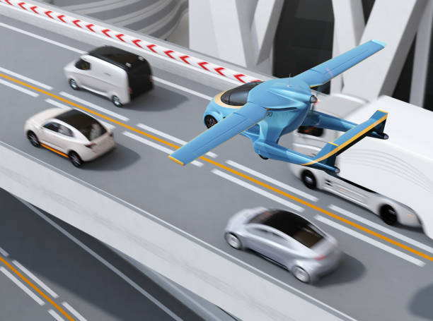 istock Futuristic flying car flying over the highway 995322558