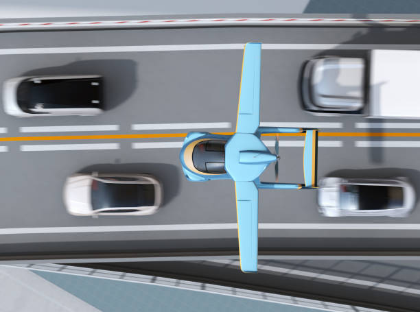 istock Futuristic flying car flying over the highway 995322594