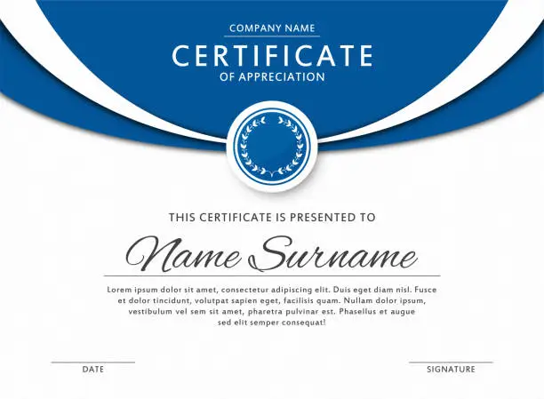 Vector illustration of Certificate template in elegant blue color with medal and abstract borders, frames. Certificate of appreciation, award diploma design template
