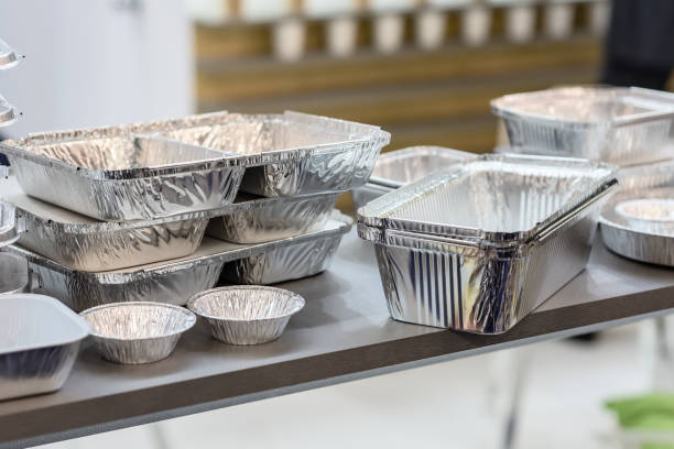 A lot of food aluminum containers stock photo