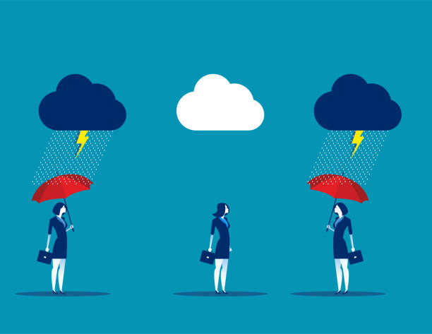 ilustrações de stock, clip art, desenhos animados e ícones de protection, business team with umbrella in storm. concept business vector illustration, flat business cartoon, character style design, good, bad. - protection insurance dark rain