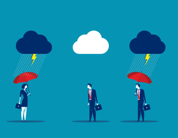 ilustrações de stock, clip art, desenhos animados e ícones de protection, business team with umbrella in storm. concept business vector illustration, flat business cartoon, character style design, good, bad. - protection insurance dark rain