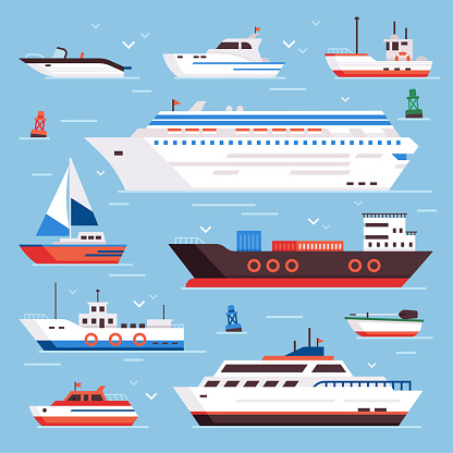 Sea ships. Cartoon boat powerboat cruise liner navy shipping ship sailing yacht speed floating sea buoy vessel and marine sail fishing boats isolated front view vector illustration colorful sign set