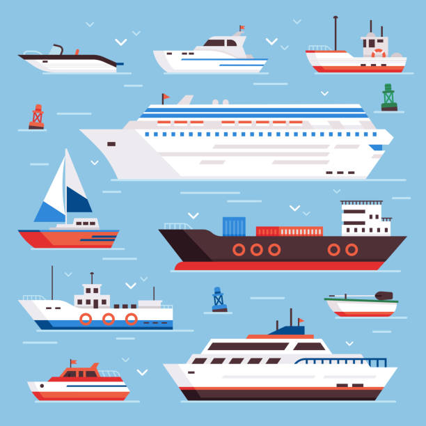 Sea ships. Cartoon boat powerboat cruise liner navy shipping ship and fishing boats isolated front view vector illustration Sea ships. Cartoon boat powerboat cruise liner navy shipping ship sailing yacht speed floating sea buoy vessel and marine sail fishing boats isolated front view vector illustration colorful sign set transportation illustrations stock illustrations
