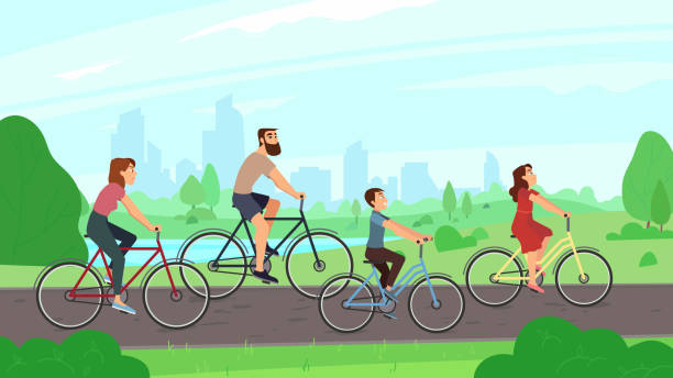 公園でバイクに乗って幸せな若い家族。両親と子供たちは、自転車に乗る。夏の活動や家族レジャー ベクトル イラスト - women cycling bicycle father点のイラスト素材／クリップアート素材／マンガ素材／アイコン素材