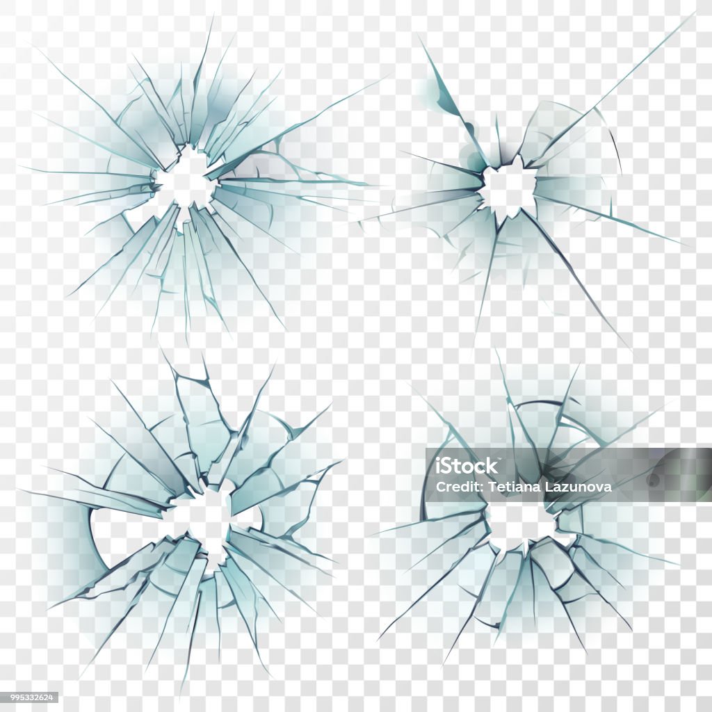 Broken glass. Cracked texture on mirror, smashed windows or damaged car windshield. Realistic crack hole vector set Broken glass. Cracked texture on deforming mirror, smashed windows or damaged car windshield by bullet 3D sharp destruction crash smash ice surface. Realistic repair crack hole isolated vector set Glass - Material stock vector