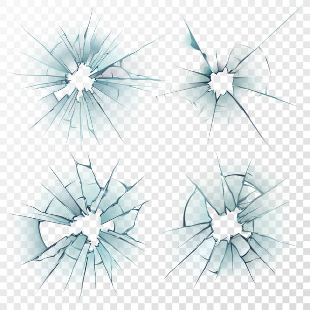 Broken glass. Cracked texture on mirror, smashed windows or damaged car windshield. Realistic crack hole vector set Broken glass. Cracked texture on deforming mirror, smashed windows or damaged car windshield by bullet 3D sharp destruction crash smash ice surface. Realistic repair crack hole isolated vector set demolished illustrations stock illustrations