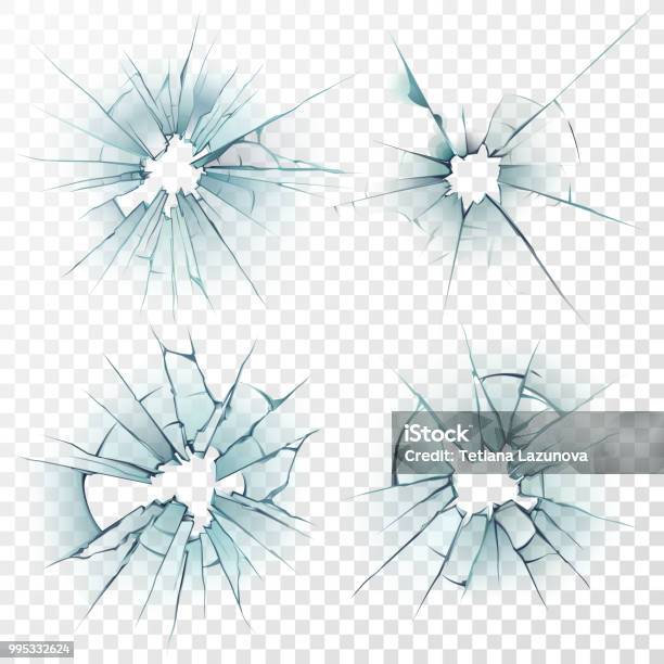 Broken Glass Cracked Texture On Mirror Smashed Windows Or Damaged Car Windshield Realistic Crack Hole Vector Set Stock Illustration - Download Image Now