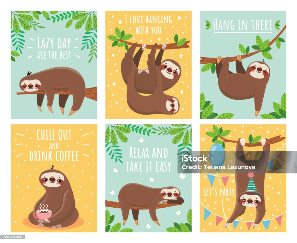 Greeting card with lazy sloth. Cartoon cute sloths cards with motivation and congratulation text. Slumber animals illustration set Greeting card with lazy sloth. Cartoon cute sloths cards with motivation for party sleepy pajama child t-shirt and congratulation birthday text. Slumber branch fun animals colorful illustration set Laziness stock vector