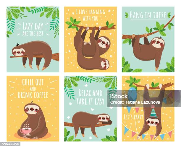 Greeting Card With Lazy Sloth Cartoon Cute Sloths Cards With Motivation And Congratulation Text Slumber Animals Illustration Set Stock Illustration - Download Image Now
