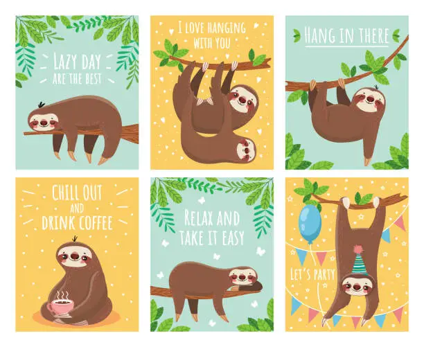 Vector illustration of Greeting card with lazy sloth. Cartoon cute sloths cards with motivation and congratulation text. Slumber animals illustration set