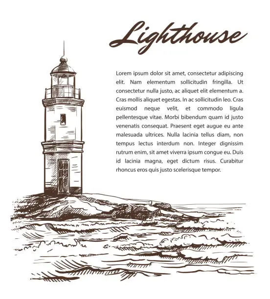 Vector illustration of lighthouse on an island in the open sea. vector illustration on a white