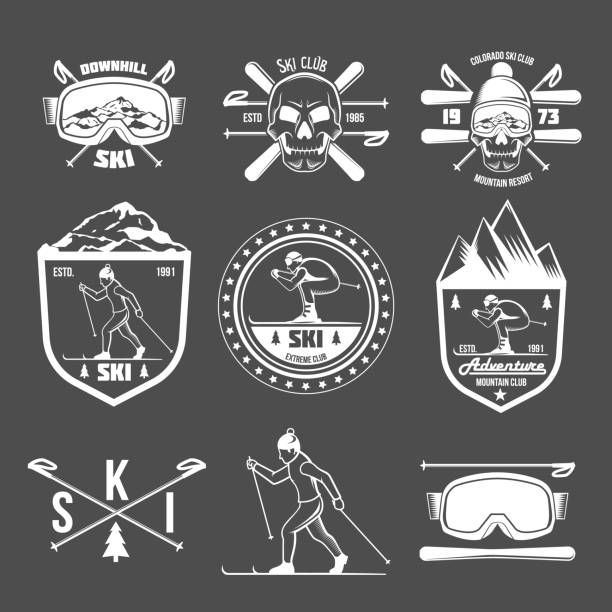 illustrations, cliparts, dessins animés et icônes de ensemble de vintage et les étiquettes et des éléments de design ski - champ de bosses