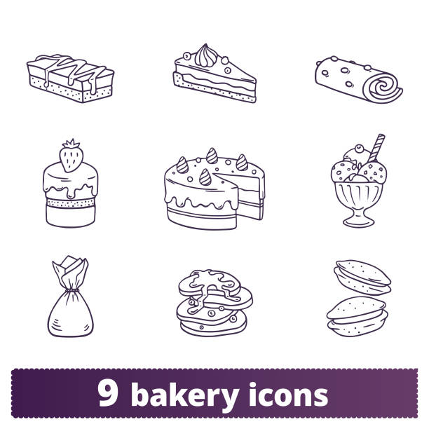 Bakery And Pastry Thin Line Hand Drawn Icons Bakery, pastry icons. Vector set of ice cream, chocolate, cake and pancake signs. Hand drawn linear style monochrome illustrations isolated on white background. maple-syrup-label stock illustrations
