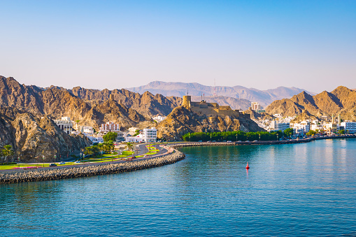 Mountain landscape, harbor and waterfront of Muscat, Oman, Middle East