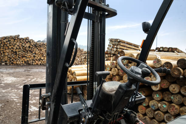 un carrello elevatore afferra il legno in un impianto di lavorazione del legno - lumber industry timber truck forklift foto e immagini stock