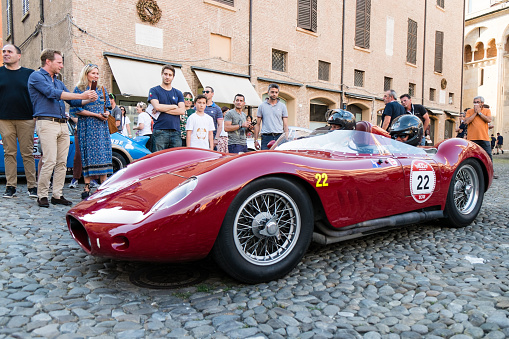 MODENA, ITALY - June, 2018. A beautiful Maserati 250s of 1957 parades in Piazza Grande at the end of the race Modena 100 ore Classic