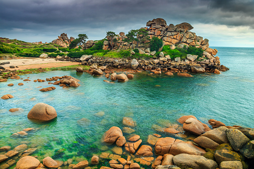 Stunning ocean coastline with colorful rocks and spectacular beach, Perros-Guirec, Brittany region, France, Europe