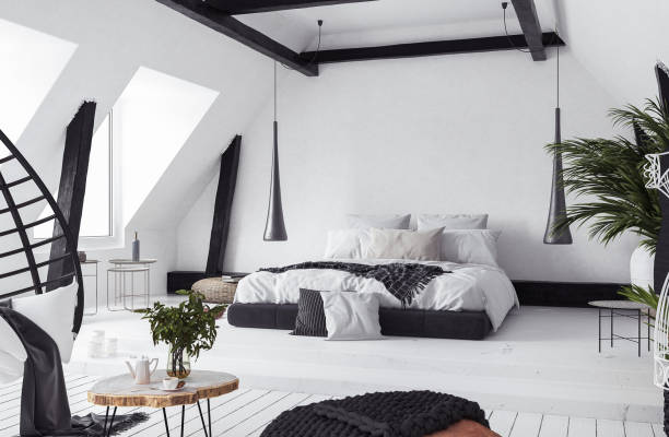 moderno apartamento de planta abierta en ático, tipo loft - house attic desing residential structure fotografías e imágenes de stock