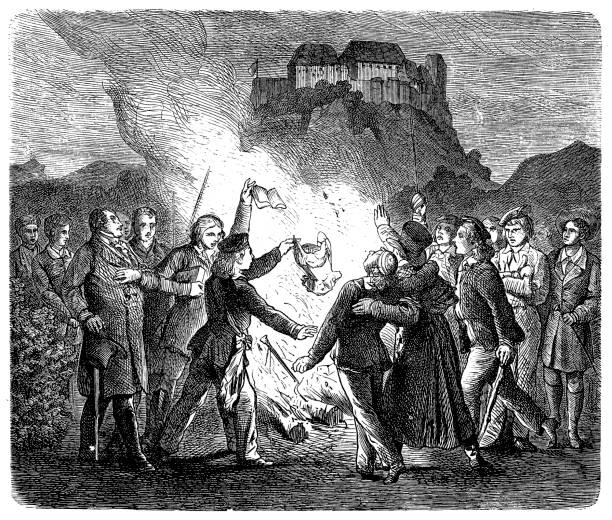 Book burning after the Wartburg festival first Wartburg Festival was a convention of about 500 Protestant German students, held on 18 October 1817 at the Wartburg castle near Eisenach in Thuringia Illustration of a Book burning after the Wartburg festival first Wartburg Festival was a convention of about 500 Protestant German students, held on 18 October 1817 at the Wartburg castle near Eisenach in Thuringia book burning stock illustrations