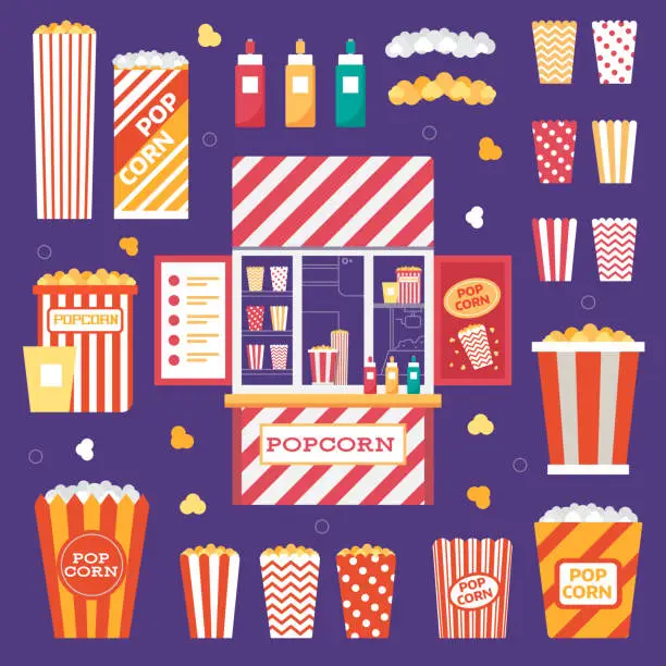 Vector illustration of Popcorn Icons with Vintage Kiosk and Boxes